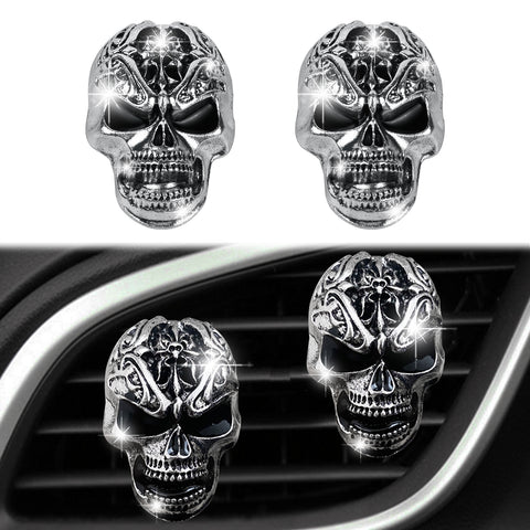 Skull Car Vent Clip 2 Pieces Silver Alloy Punk Car Essential Oil Diffuser Vent Clip Halloween Car Interior Decor