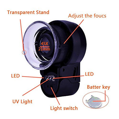 45X Mini Jewelry Loupe Magnifier with UV Lens and LED Light - Black