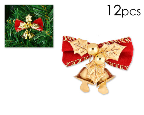 12 Pieces Bow Christmas Ornaments with Bells - Red