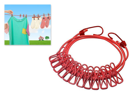 Portable Elastic Clothesline with 12 Pieces Clips - Red