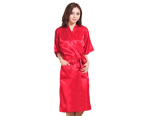 Long Style Satin Bath Robe for Women - Red