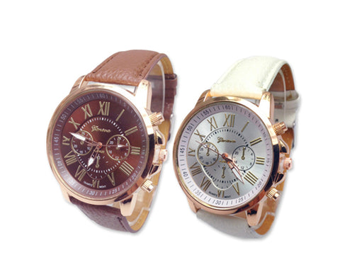 2 Pcs Geneva Unisex Gold Plated Round Leather Wrist Watch