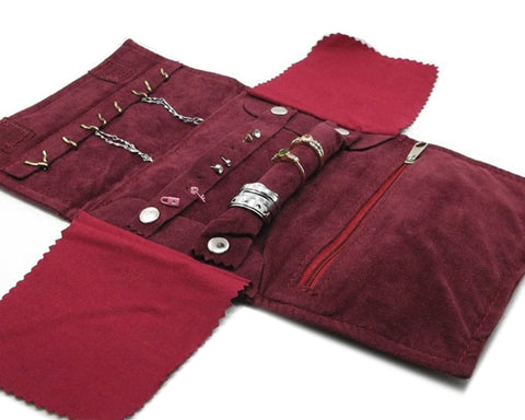 Velvet Small Jewelry Roll Bag Travel Jewelry Organizer - Burgundy