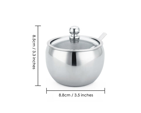 Stainless Steel Sugar Bowl with Clear Lid and Spoon