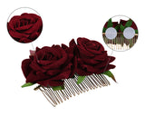 Rose Flower Hair Comb 2 Pieces Bridal Headpiece for Wedding - Wine Red