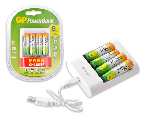 GP NiMH 2700 mAh AA Rechargeable Batteries with Free USB Charger