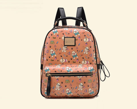 Cute Cartoon PU Leather Backpack with Built-In Handle - Khaki