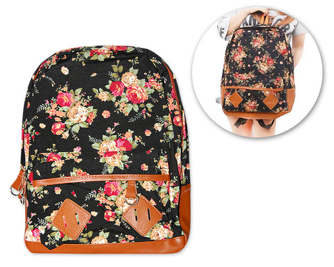 Floral Print Canvas Backpack - Black