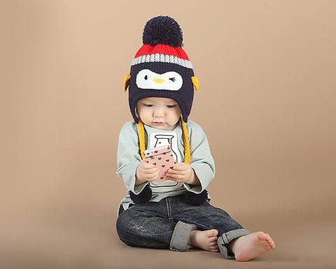 Penguin Warm Woolen Baby Hat with Earflap for 1-3 Years Old - Black