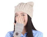 Korean Style Women Winter Cat Ear Knit Hat - Beige