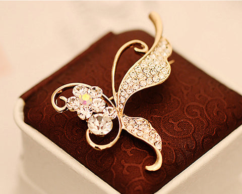 Butterfly on Flower Crystal Brooch Pin