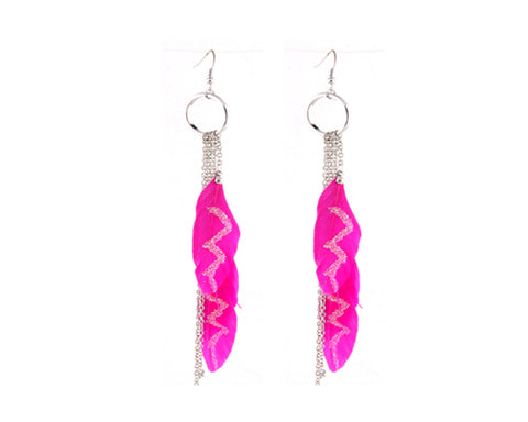 Glitter Magenta Bohemian Feather Tassel Earrings