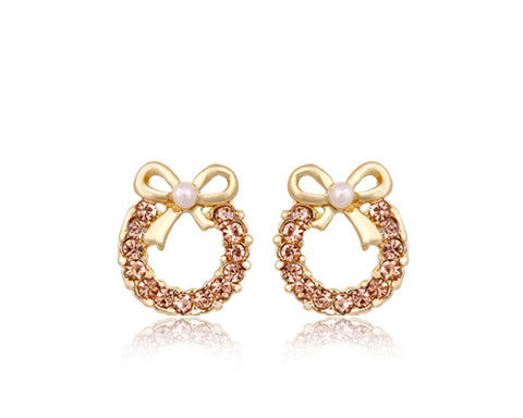 Sweet Ribbon Crystal Pearl Earrings Studs for Women