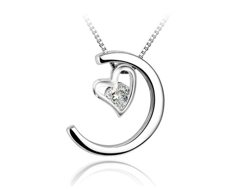 Moon and Heart 925 Sterling Silver Crystal Necklace - Silver