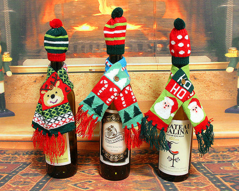 3 Pcs Christmas Winter Knitted Hat and Scarf Wine Bottle Cover