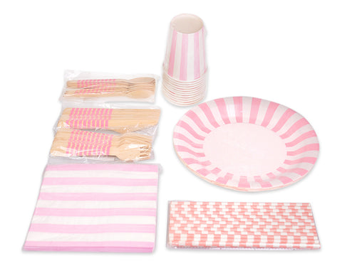 Party Tableware Kit - Paper Plate, Cup, Cutlery, Straw, Napkin - Pink