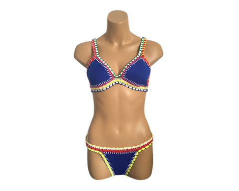 Tribal Style Crochet Triangle Bikini Set - Blue