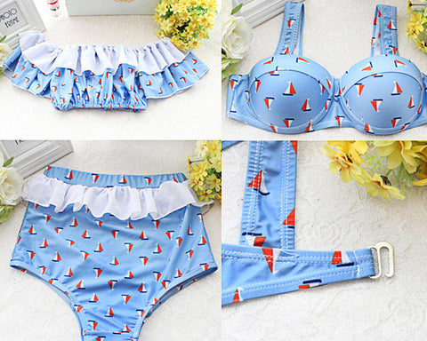 3 Pcs Blue High Waist Bikini Set with Off-the-Shoulder Cover Up