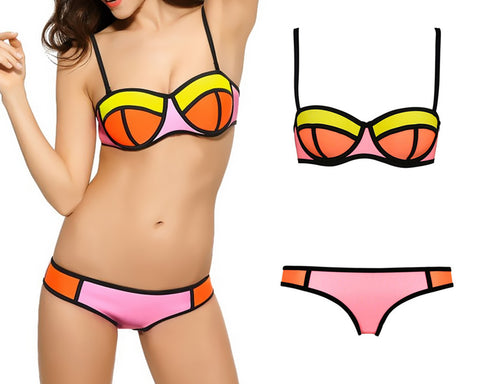 Spaghetti Strap Series Color Block Bikini Set - Orange