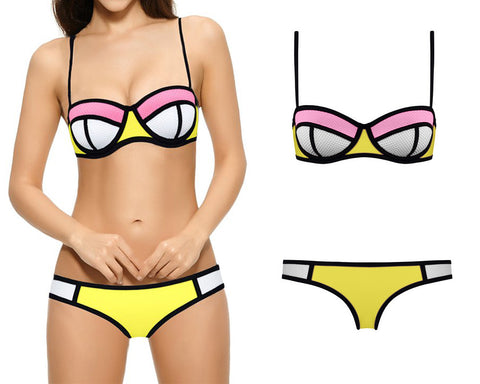 Spaghetti Strap Series Color Block Bikini Set - White and Yellow