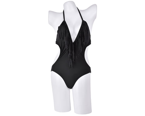 Simple Tassel Fringe Backless Monokini - Black