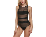 Stripes Mesh Splicing Monokini Swimwear - Black