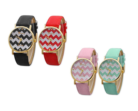 2Pcs Geneva Women Ladies Chevron Style Leather Wrist Watch