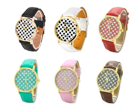 Geneva Women Candy Color Polka Dots Leather Alloy Wrist Watch