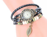 Retro Leaf Women Lady Weave Wrap Leather Bracelet Wrist Watch