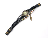 Retro Leaf Women Lady Weave Wrap Leather Bracelet Wrist Watch