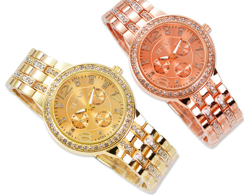 3 Pcs Classic Women Rhinestone Round CZ Quartz Dial Wrist Watches Set